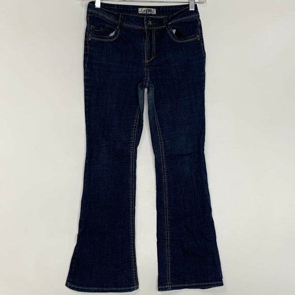 LEI Women Jeans Blue Sophia Hiphugger Flare Sz 7 Short Mid Wash  Med Rise Pocket - Picture 1 of 8
